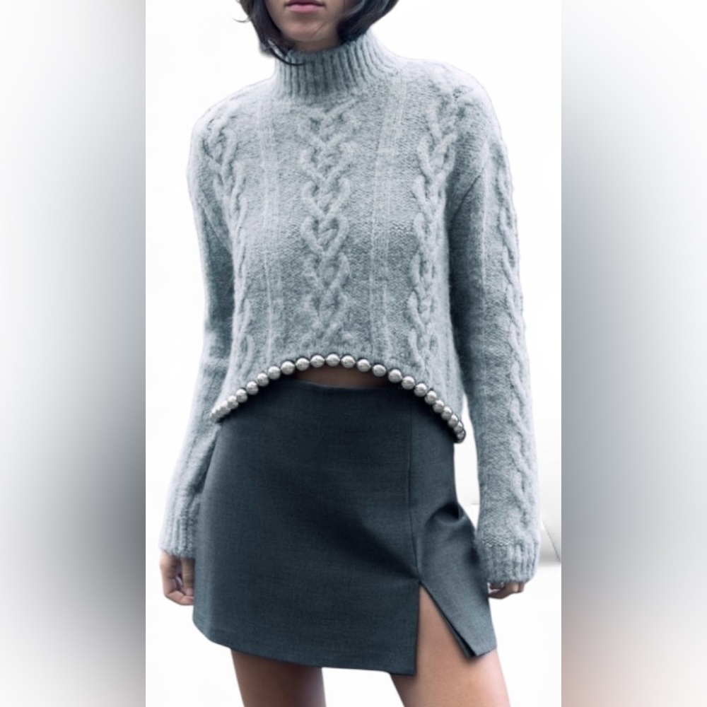 Zara Light Gray Cable Knit Mock Neck Sweater with Beaded Hem